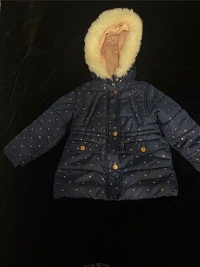 Carter's Navy Puffer Jacket with Faux Fur Trim and Gold Hearts